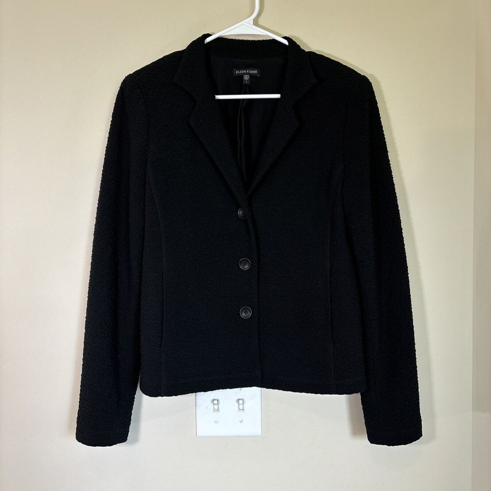 EILEEN FISHER Crinkle Textured Blazer Jacket Size S Black Lining Stretch